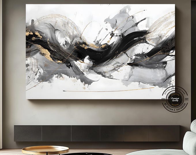 Abstract Black White Gold Canvas Art – Modern Minimal Wall Art, Luxury Contemporary Home Decor