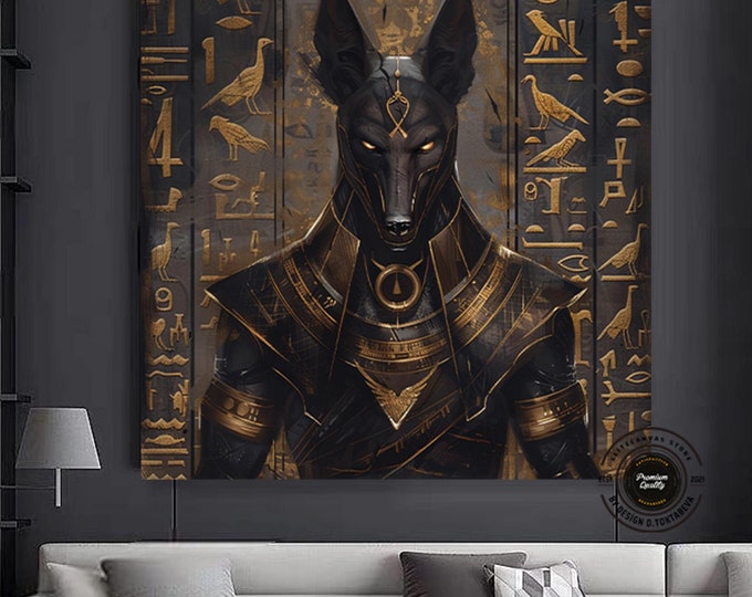 Egyptian God Anubis Wall Art, Anubis Framed Canvas, Egypt Ethnic Wall Art, Egyptian Mythology Canvas, Ancient Ages White Framed Canvas