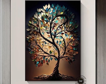 Stained Glass Style Tree Canvas Art: Colorful Modern Print