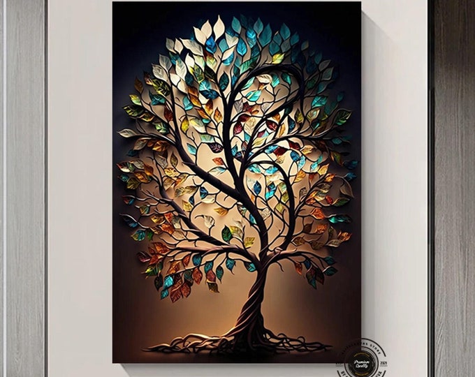 Colorful Tree Canvas Wall Art, Colorful Trees In Stained Glass Style Wall Decor Canvas Wall Art, Print Extra large Wall Art Modern Printing