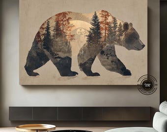 Bear Canvas Wall Art, Forest Bear Painting, Rustic Wildlife Wall Decor, Woodland Nature Art, Cabin Decor, Mountain Lodge Wall Art