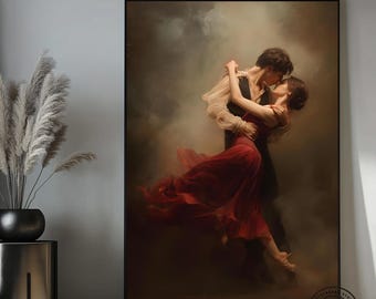 Passionate Lovers Dance - Romantic Canvas Painting, Artistic Couple Wall Decor, Modern Romantic art