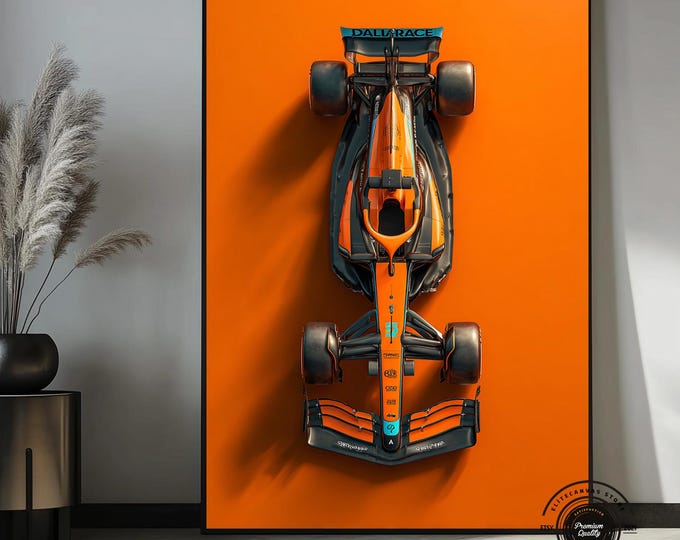 Formula 1 Race Car Canvas Wall Art – Orange Supercar Poster, Modern Motorsport Decor, F1 Racing Car Print for Man Cave
