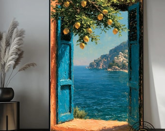 Mediterranean Lemon Window Canvas Wall Art, Amalfi Coast Coastal Painting, Italian Seascape Print, Blue Window Wall Decor.
