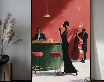 Muurdecoratie met jazzzangeres, canvas met zwarte jazz-accenten, roodgroene bardecoratie, decoratie met Afro-Amerikaanse muziek, muurdecoratie voor een luxe lounge, poster van een jazzclub