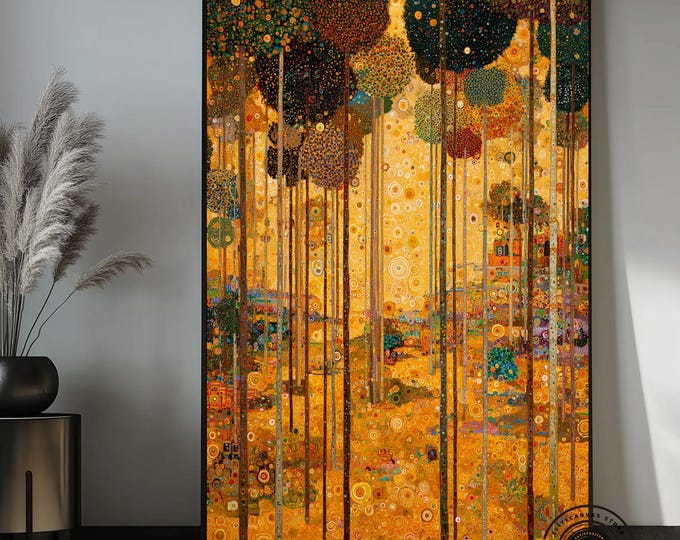 Klimt Style Golden Forest Canvas Wall Art, Abstract Nature Landscape Painting