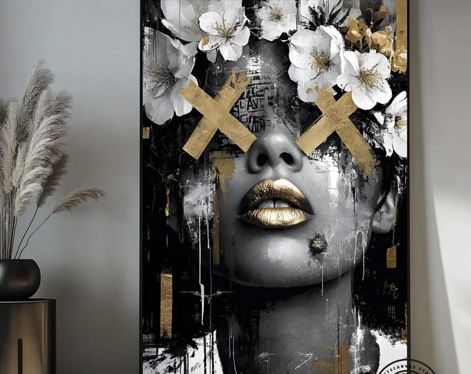 Abstract Woman Portrait Canvas Art – Gold Floral Graffiti Urban Decor