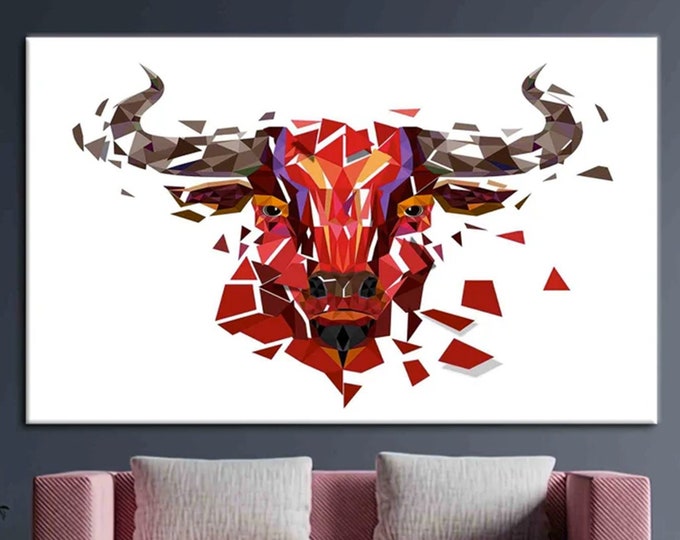Red Bull Poster wall art Poster, Bull Wall Art, Abstract Printed, Buffalo Printed, Polygon bulls Canvas Art, Animal Art,Animalistic Printed,