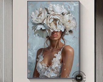 Floral Woman Canvas Painting: Roses Wall Art Print