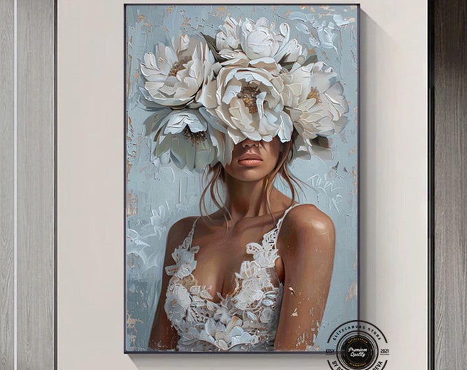 Woman with flower head canvas painting, roses and woman print, flower woman art, flowers and woman canvas wall art