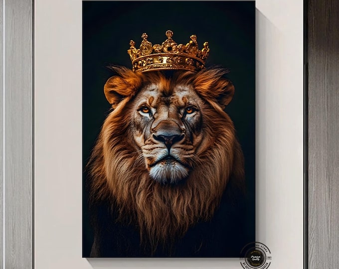 Lion King With Crown Wall Art, Lion Black Gold Abstract Painting Extra Large Canvas PRINT, Game Room, Man Cave Wall Decor Ready To Hang