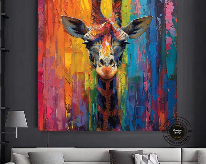 Colorful Giraffe Art Print, Vibrant Animal Portrait Canvas, Abstract Jungle Safari Decor,Playful Giraffe Wall Art for Living Room or Nursery
