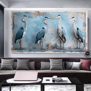 Blue Heron Wall Art, Abstract Heron Paintings Canvas PRINTS Shorebirds Wall Art Framed Ready to Hang