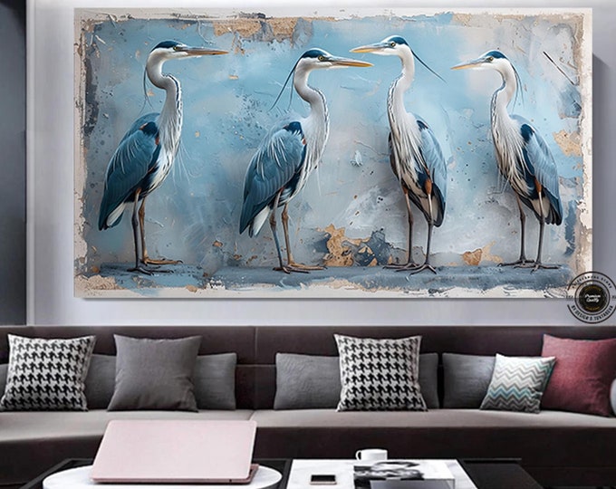 Blue Heron Wall Art, Abstract Heron Paintings Canvas PRINTS Shorebirds Wall Art Framed Ready to Hang