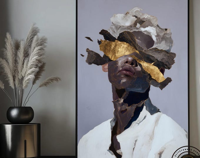 Canvas painting of a black man, portrait of an african man with gold detail, ethnic man art, black wall decor