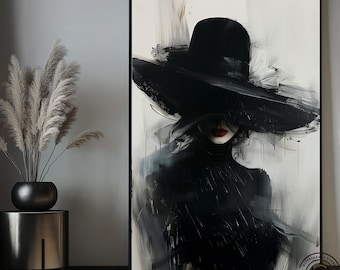 Woman in Black Hat Canvas Painting: Fashion Art Wall Decor