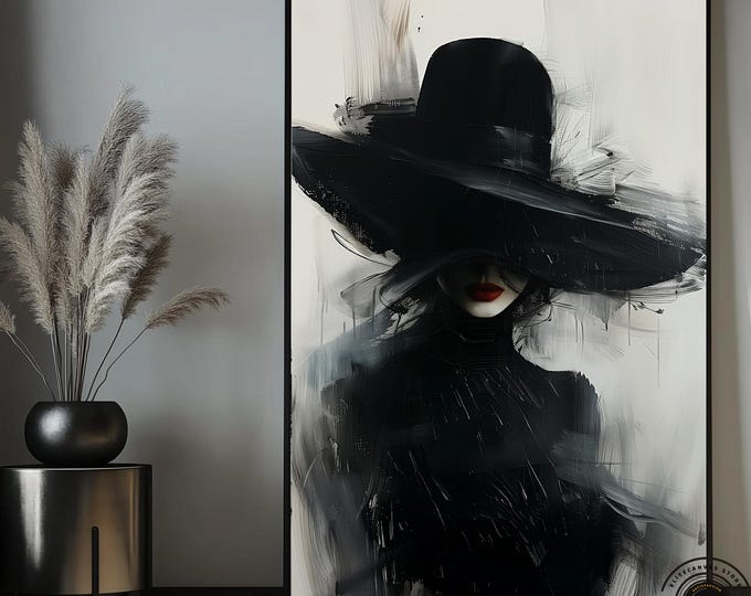 Woman with Black Hat Canvas Painting, Fashion Art Wall Decor, Black and White Beauty, Wall Art Gift