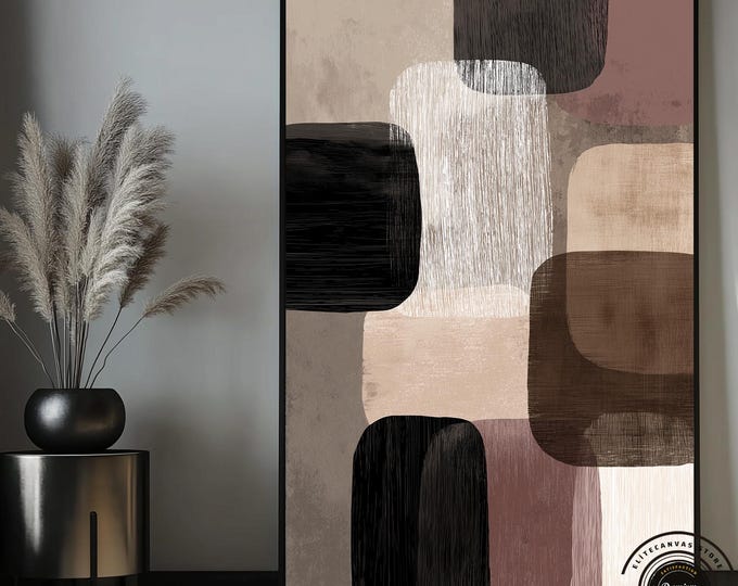 Modern Geometric Wall Art, Beige and Black Abstract Shapes Print, Mid-Century Minimalist, Geometric Print Art,Geometric Boho Style Minimal.
