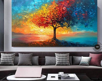 Vibrant Tree of Life Canvas Painting with Colorful Leaves – Perfect Nature Art Gift for Home and Office Decor