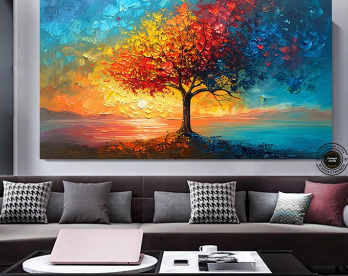 Vibrant Tree of Life Canvas Painting with Colorful Leaves – Perfect Nature Art Gift for Home and Office Decor