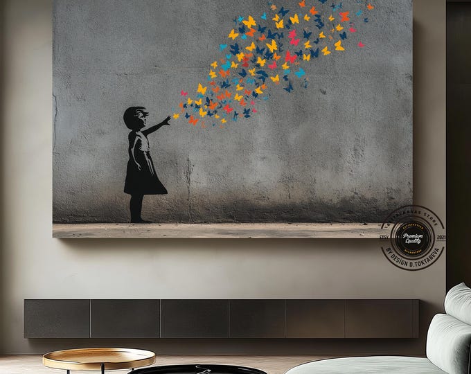 Banksy Style Butterfly Girl Canvas Art, Colorful Street Urban Wall Decor