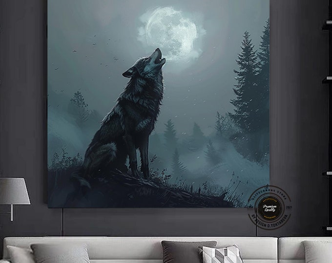 Wolf Canvas Wall Art Print, Animal Canvas, Wolf With Moon and Clouds Canvas Wall Decor, Home Decor, Home Gift, Portrait Canvas