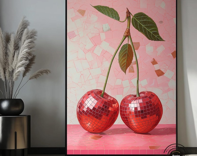 Cherry Disco Balls Surreal Art Framed Poster, Cherry Print, Disco Balls, Disco Ball Cherries, Disco Cherry, Cherry Wall Art, Pink Wall Art