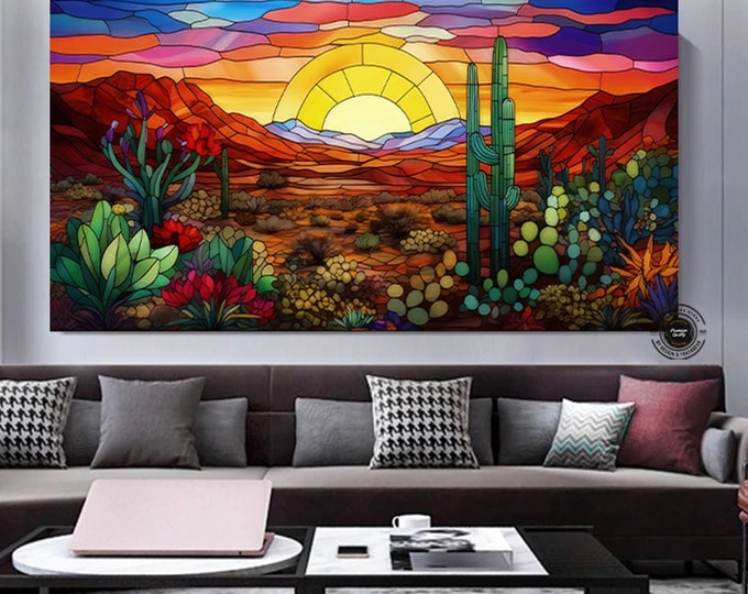 Arizona Desert Wall Art - Stained Glass Style Sonoran Desert And Saguaro Painting Canvas PRINT, Southwest Decor, Ready To Hang