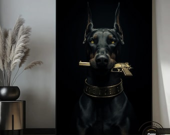 Doberman and gun canvas, dog in gun mouth painting, gun and dog print, wild dog art, ille10 years of experience on digital printing.