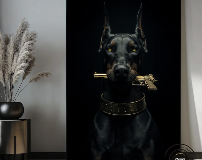 Doberman and gun canvas, dog in gun mouth painting, gun and dog print, wild dog art, ille10 years of experience on digital printing.