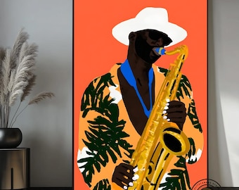 Jazz Saxophone Canvas Wall Art, Black Musician Art, Colorful Jazz Wall Decor, Saxophone Player Painting, Music Room Decor, Jazz Lover Gift
