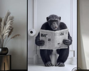 Funny Chimpanzee Canvas Wall Art, Monkey Reading Newspaper Print, Black and White Bathroom Decor, Funny Toilet Wall Art, Modern Canvas