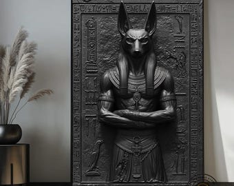 Anubis Wall Art, Egyptian God Canvas Print, Black Anubis Decor, Ancient Egypt Wall Art, Gothic Egyptian Poster, Dark Luxury Home Decor