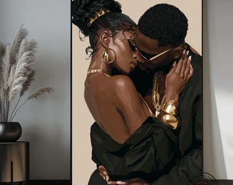 Black Love Couple Wall Art, Romantic African American Couple Canvas, Luxury Black Couple Art, Modern Bedroom Wall Decor, Anniversary Gift