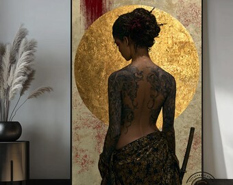 Canvas wanddecoratie met Japanse vrouw, gouden samoerai-tatoeage, Aziatische vrouw wanddecoratie