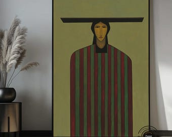 Folk Art Canvas Wall Art, Abstract Woman Portrait, Mid Century Modern Wall Decor, Boho Figurative Art, Green Red Canvas Print
