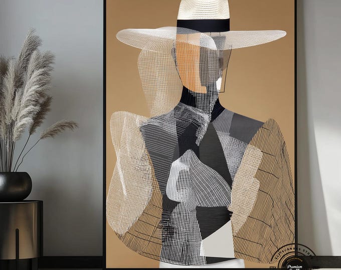 Abstract Woman Hat Canvas Art – Modern Fashion Wall Decor, Neutral Style