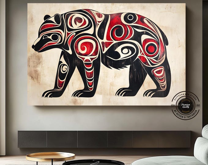 Tribal Bear Canvas Art – Native Style Abstract Animal Wall Art, Modern Ethnic Home Decor