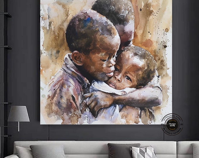 Heartwarming Watercolor Art - Emotive Sibling Hug Canvas Print - Human Connection Wall Decor.