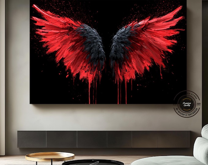 Red Angel Wings Glass Wall Art, Black and Red Wing Decor, Gothic Modern Wall Art
