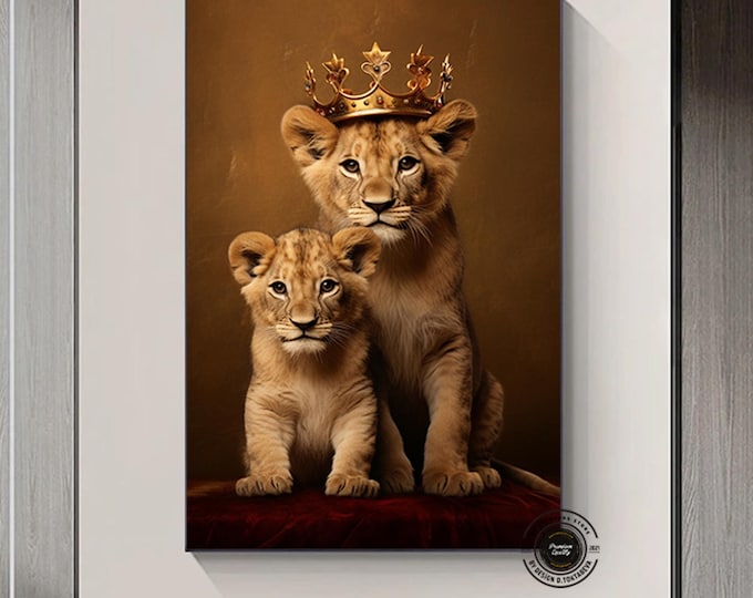 Royal Lion Family Canvas Painting - Majestic Lions with Gold Crowns, Elegant Wildlife Art Gift and Luxurious Wall Decor for Home