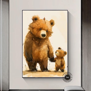 Mother and Baby Bear, Cute Animal Wall Art, Nursery Prints, Cute Vintage Style Animal Canvas Art, Kids Bedroom Decor, Mommy and Me,