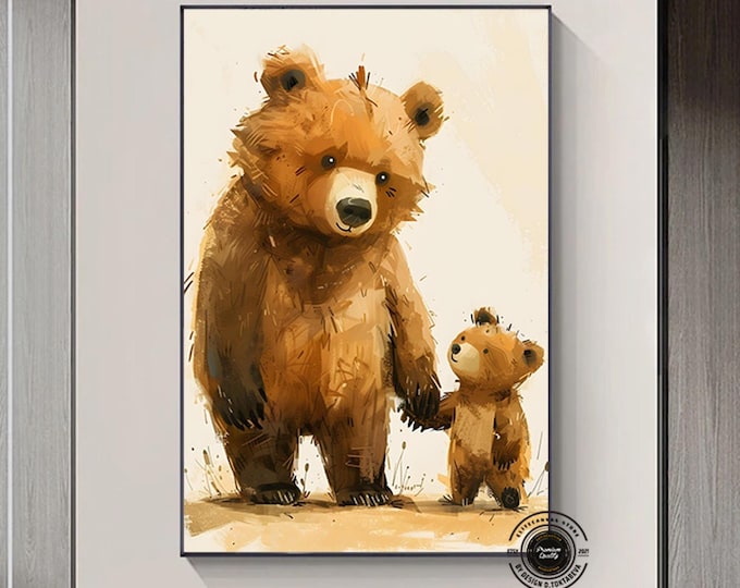 Mother and Baby Bear, Cute Animal Wall Art, Nursery Prints, Cute Vintage Style Animal Canvas Art, Kids Bedroom Decor, Mommy and Me,