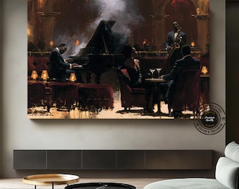 Jazz Wall Art Canvas, Vintage Jazz Club Painting, Piano Saxophone Wall Art, Moody Music Canvas, Jazz Bar Decor, Music Lover Gift