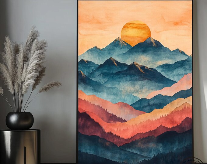 Colorful Mountain Sunset – Vibrant Landscape with Sun and Trees, Modern Nature Canvas Art