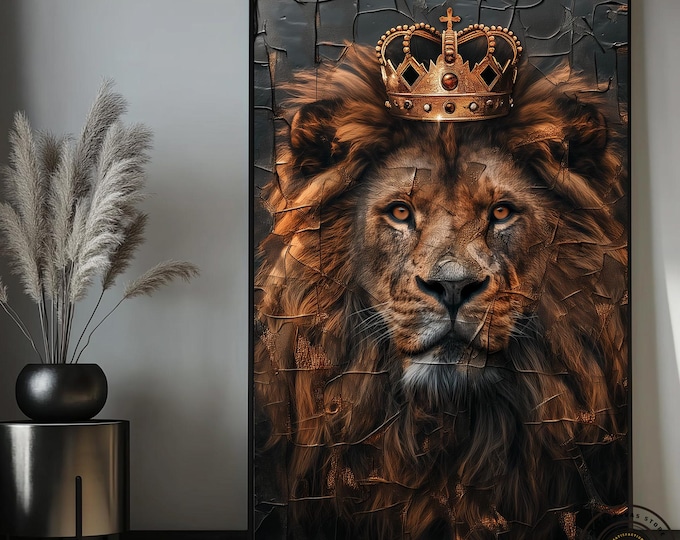 Lion King With Crown Wall Art, Lion Black Gold Abstract Painting Extra Large Canvas PRINT, Game Room, Man Cave Wall Decor Ready To Hang