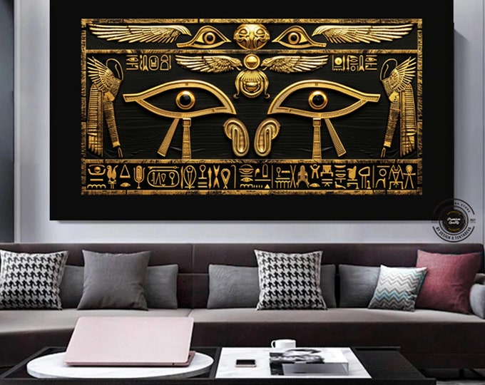 Black Based Ancient Egyptian Hieroglyphs Wall Decor - Finely Crafted Symbolic Artwork Eye of Ra canvas Ancient Egyptian wall art.