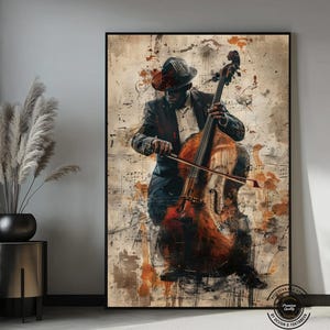 Arte su tela jazz africana: violoncellista nero, dipinto astratto