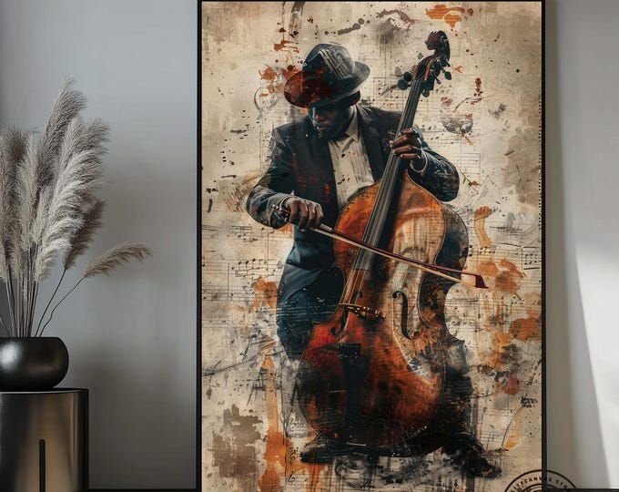 African Jazz Canvas Art: Black Cellist, Abstract Painting