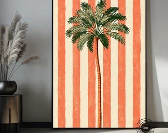 Palm Tree Canvas Wall Art, Tropical Wall Decor, Retro Coastal Art, Orange Striped Palm Print, Summer Beach House Decor